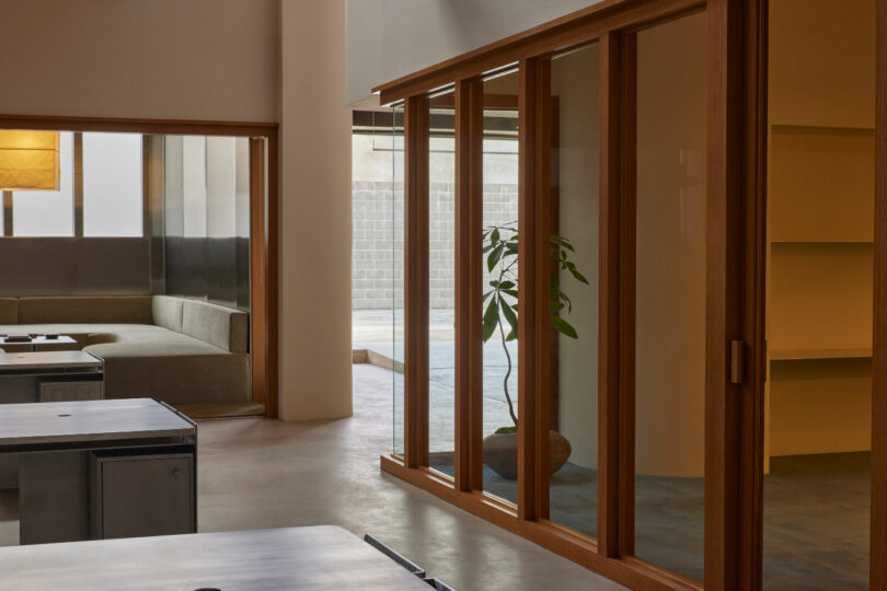 Interior of a modern office with wooden sliding doors, minimal furniture, a potted plant, and large windows allowing natural light.