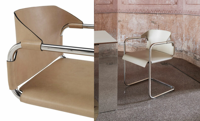 A modern chair with a beige leather seat and chrome frame shown in close-up and in a rustic room setting next to a reflective table.