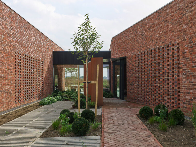 Designed by Richard Parr, the modern building entrance features a path of brick and stone tiles, bordered by low shrubs and a tree, nestled between two elegant red brick walls.