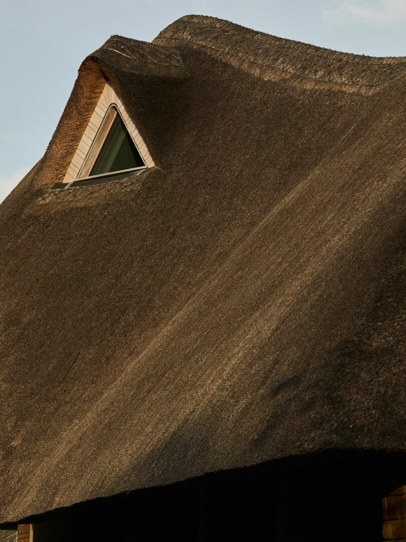 A close-up of a thatched roof with a triangular dormer window, showcasing the architectural flair reminiscent of Richard Parr's designs.