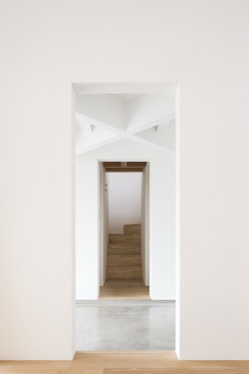 A minimalist white hallway with wooden stairs and a geometric ceiling detail.