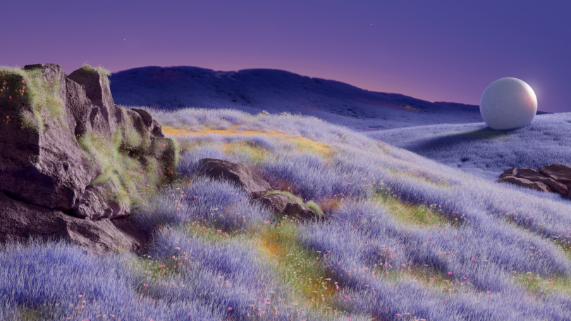 A serene landscape at dusk, featuring a field of purple grass, scattered rocks, and a large white sphere on the horizon