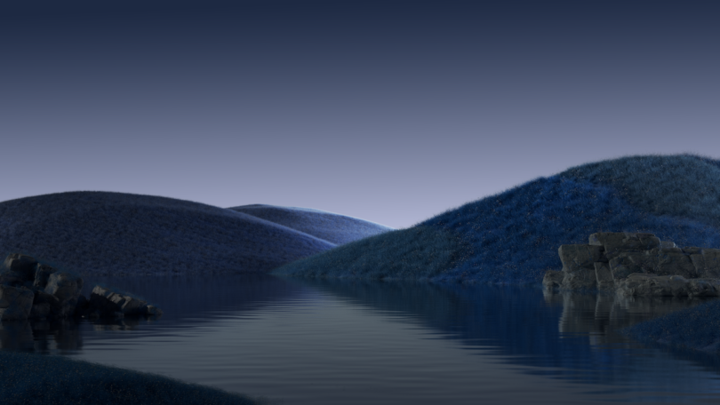 A serene landscape featuring calm water reflecting nearby hills under a twilight sky, with clusters of rocks on the left