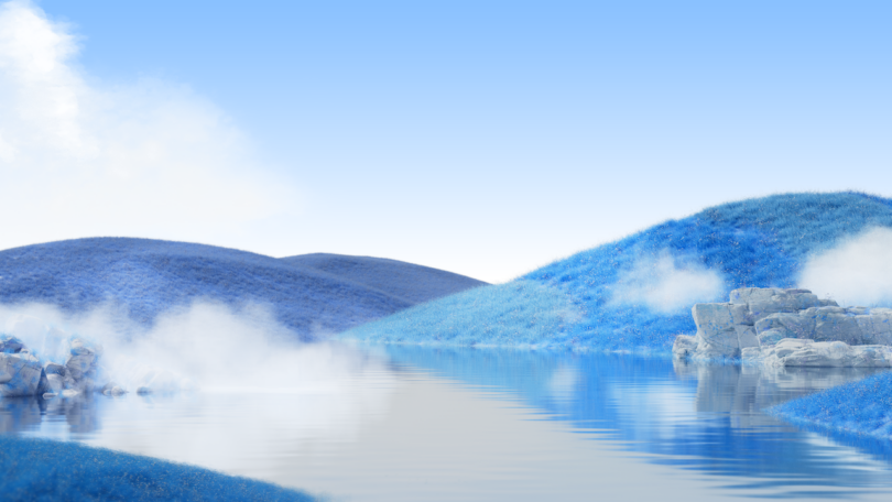 A serene landscape with blue-tinted grassy hills, rocks, a calm reflective lake, and mist rising from the water under a clear blue sky