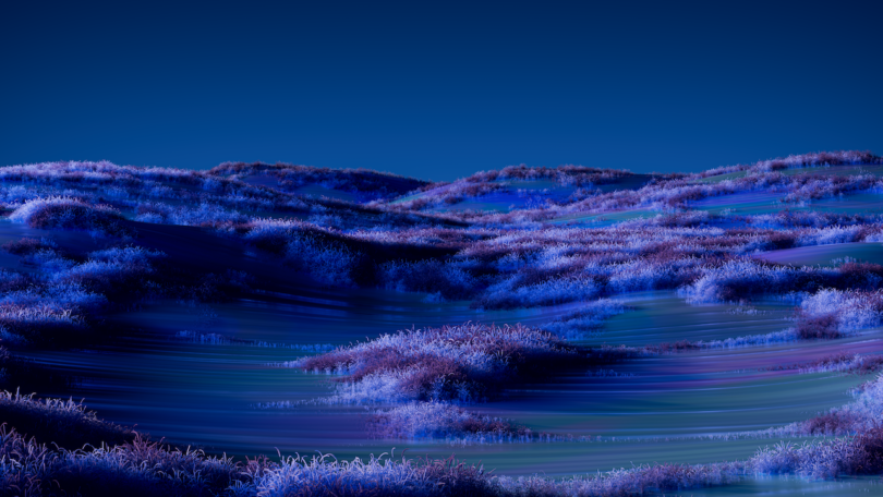 A digital artwork depicting a serene, surreal landscape with rolling hills and grasses in shades of blue and purple under a night sky