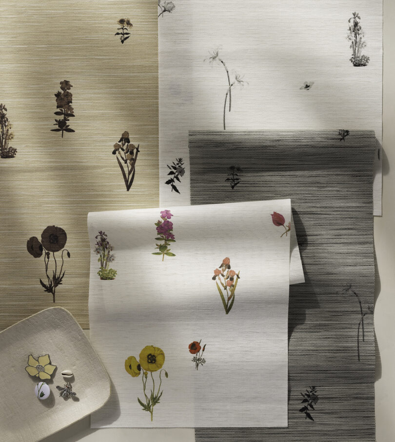 A selection of botanical print wallpapers and papers, featuring flowers and plants on textured backgrounds in neutral tones. A tray with buttons and a dried flower is nearby.