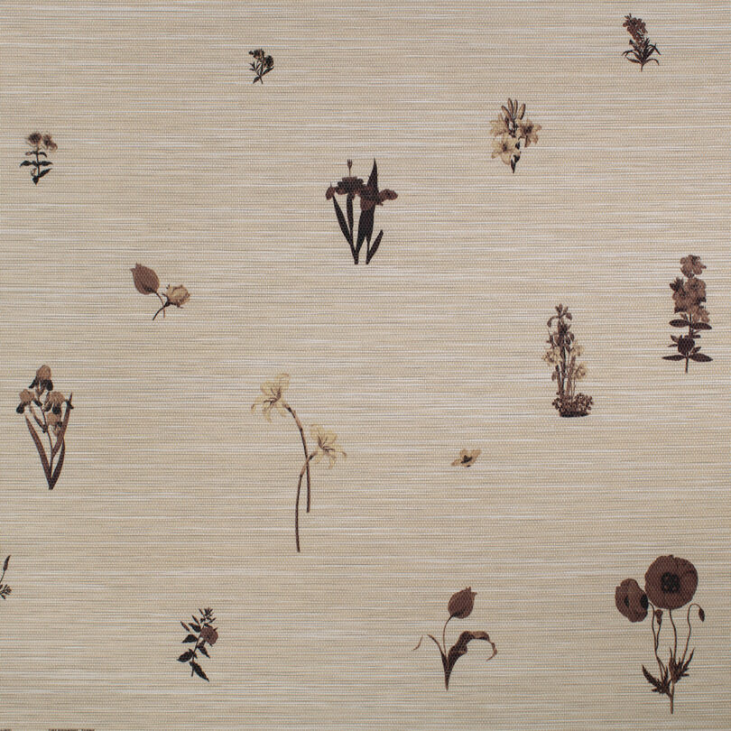 Beige background with scattered small, brown and tan floral designs.