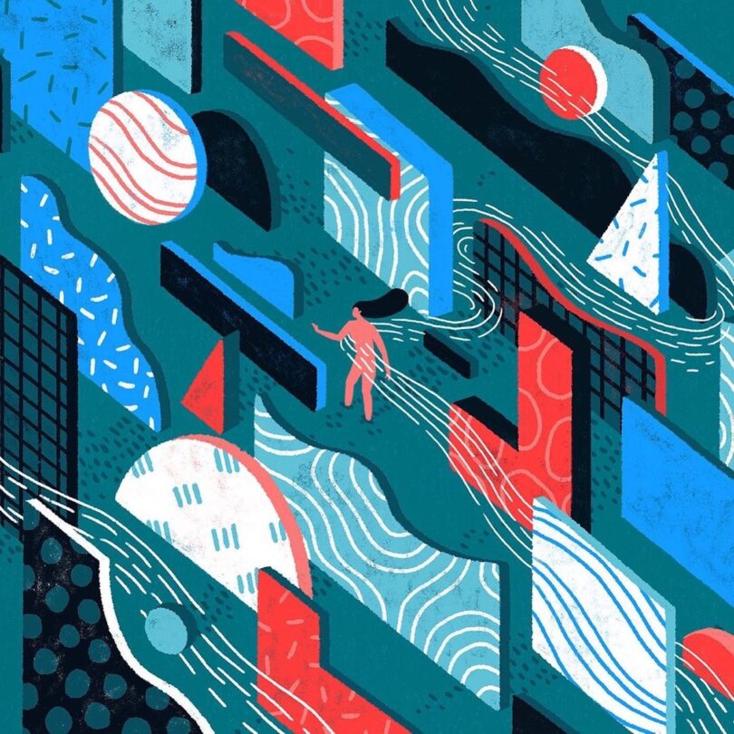 An abstract illustration features a person navigating a colorful, geometric maze with wavy patterns, spheres, triangles, and rectangles in red, blue, teal, and white tones